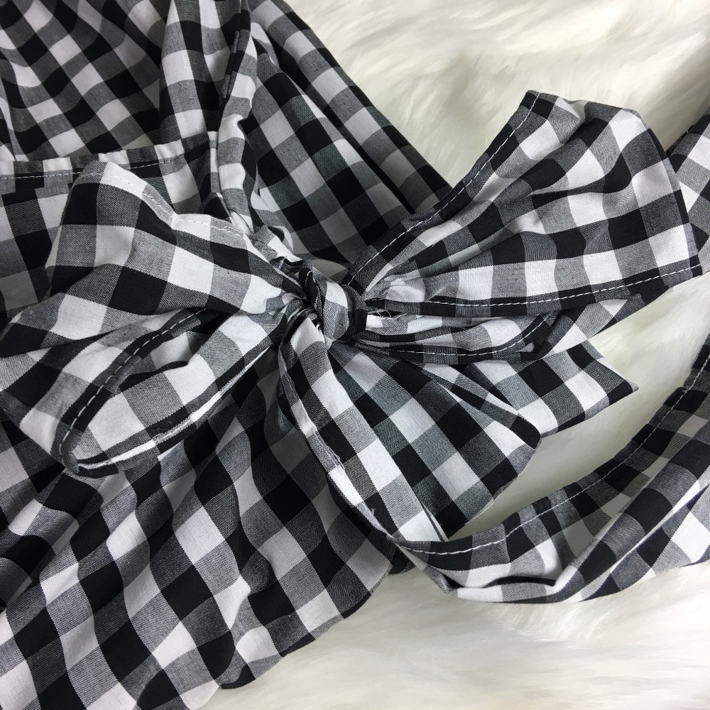 Black & White Gingham Wrap Dress with Puff Sleeves - Picture 7 of 8